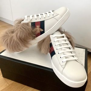 ❌SOLD - NOT FOR SALE: NEW w Box - Gucci Ace white leather fur Sneakers US 9-9.5